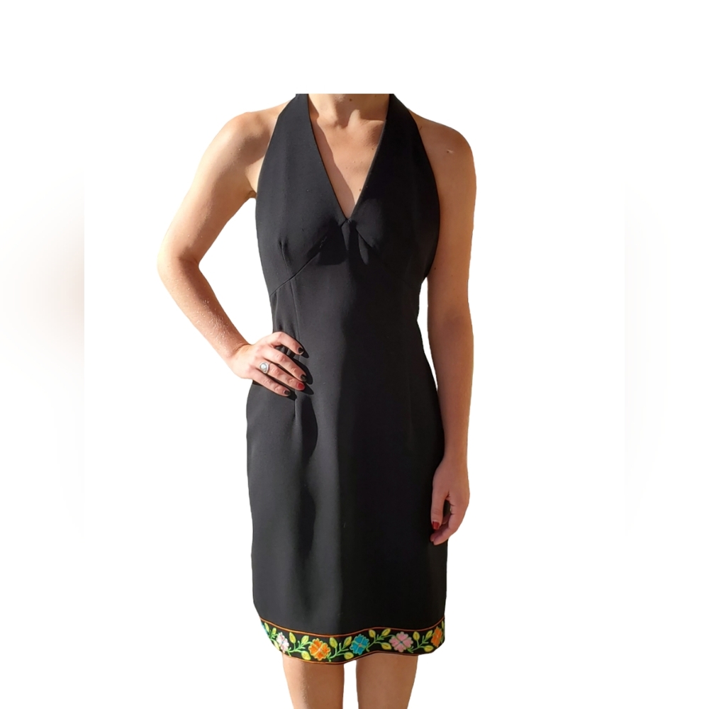 Black halter dress midi with embroidered hem